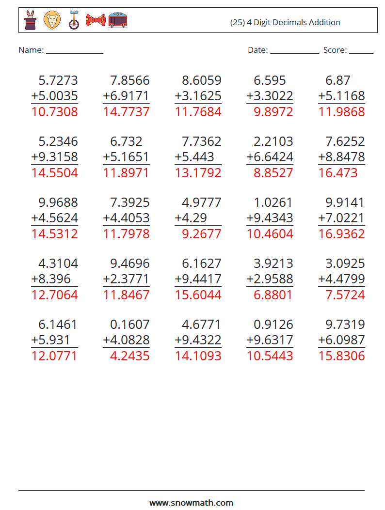 (25) 4 Digit Decimals Addition Math Worksheets 12 Question, Answer