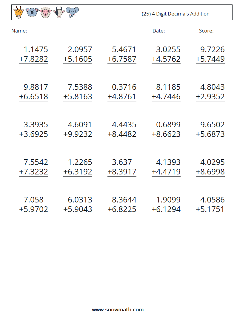 (25) 4 Digit Decimals Addition Maths Worksheets 13