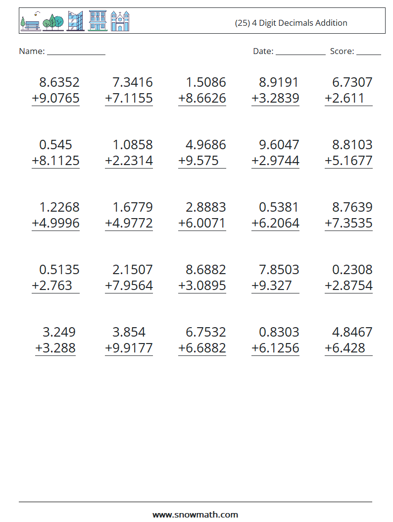 (25) 4 Digit Decimals Addition Math Worksheets 14