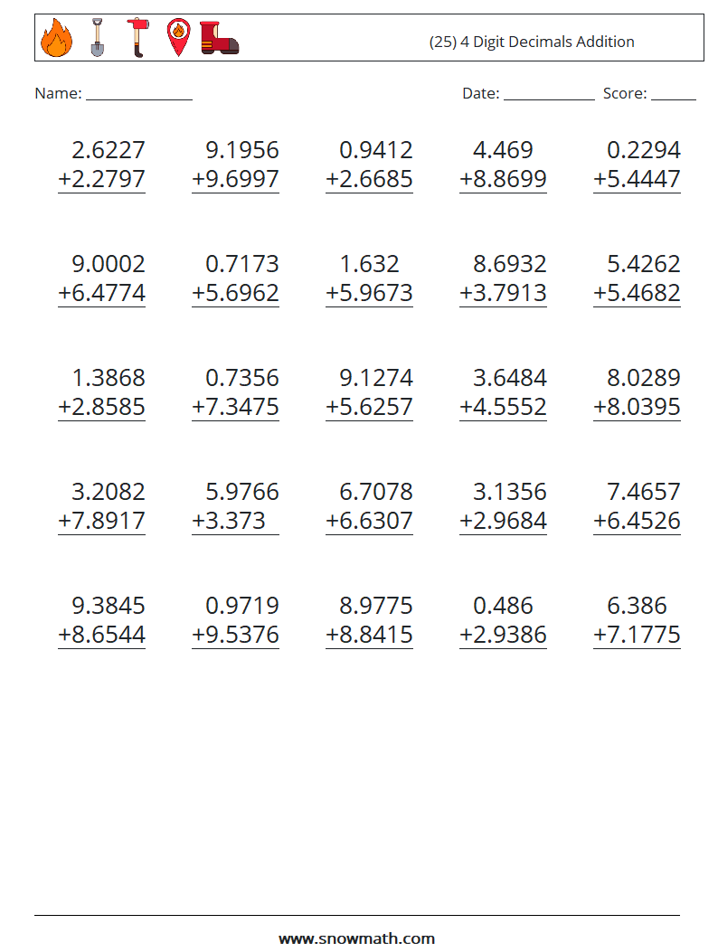 (25) 4 Digit Decimals Addition Maths Worksheets 15