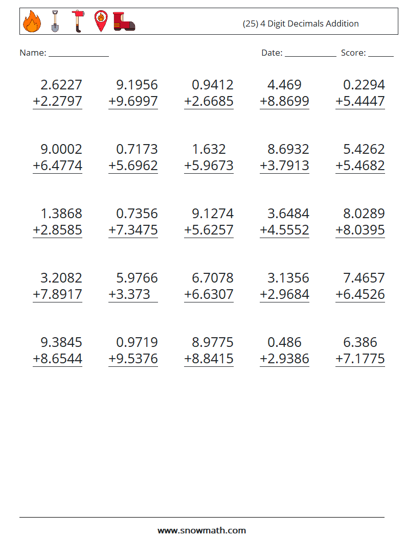 (25) 4 Digit Decimals Addition Math Worksheets 15