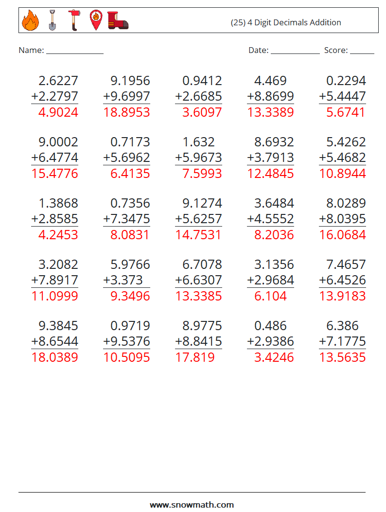 (25) 4 Digit Decimals Addition Math Worksheets 15 Question, Answer