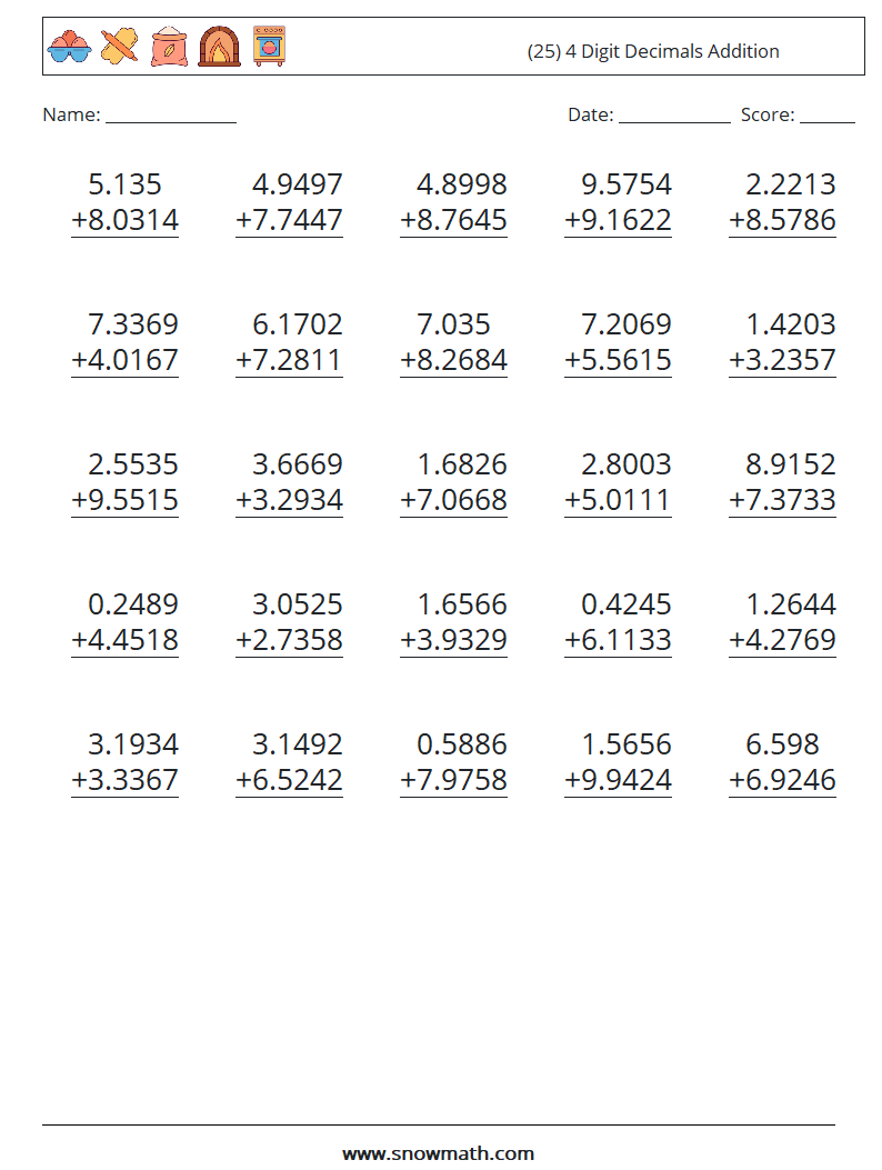 (25) 4 Digit Decimals Addition Math Worksheets 16