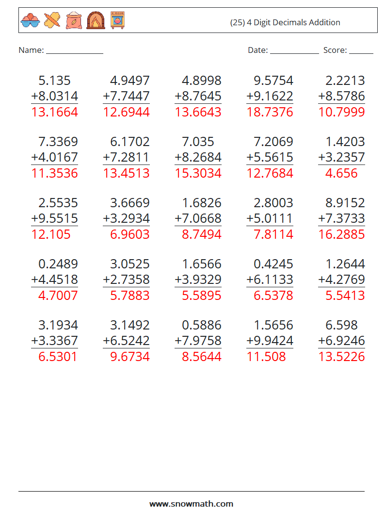 (25) 4 Digit Decimals Addition Math Worksheets 16 Question, Answer