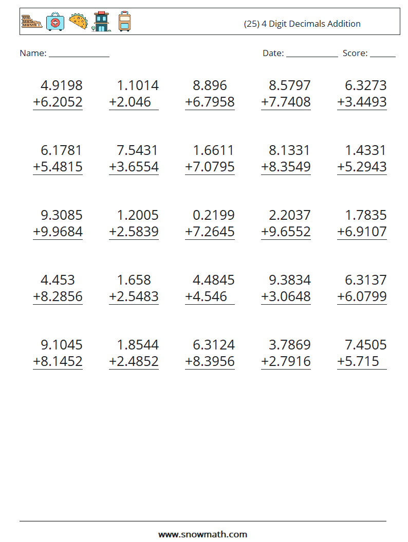 (25) 4 Digit Decimals Addition Maths Worksheets 17