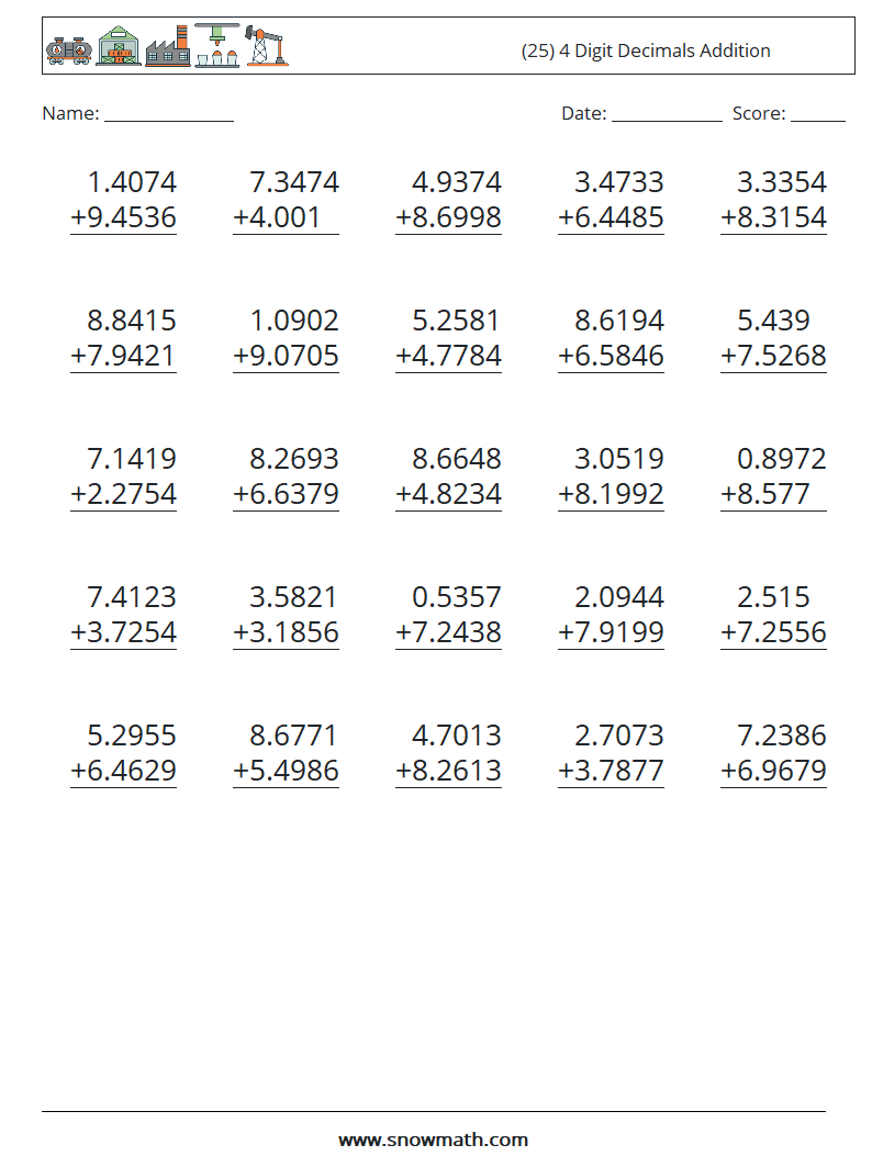 (25) 4 Digit Decimals Addition Maths Worksheets 18