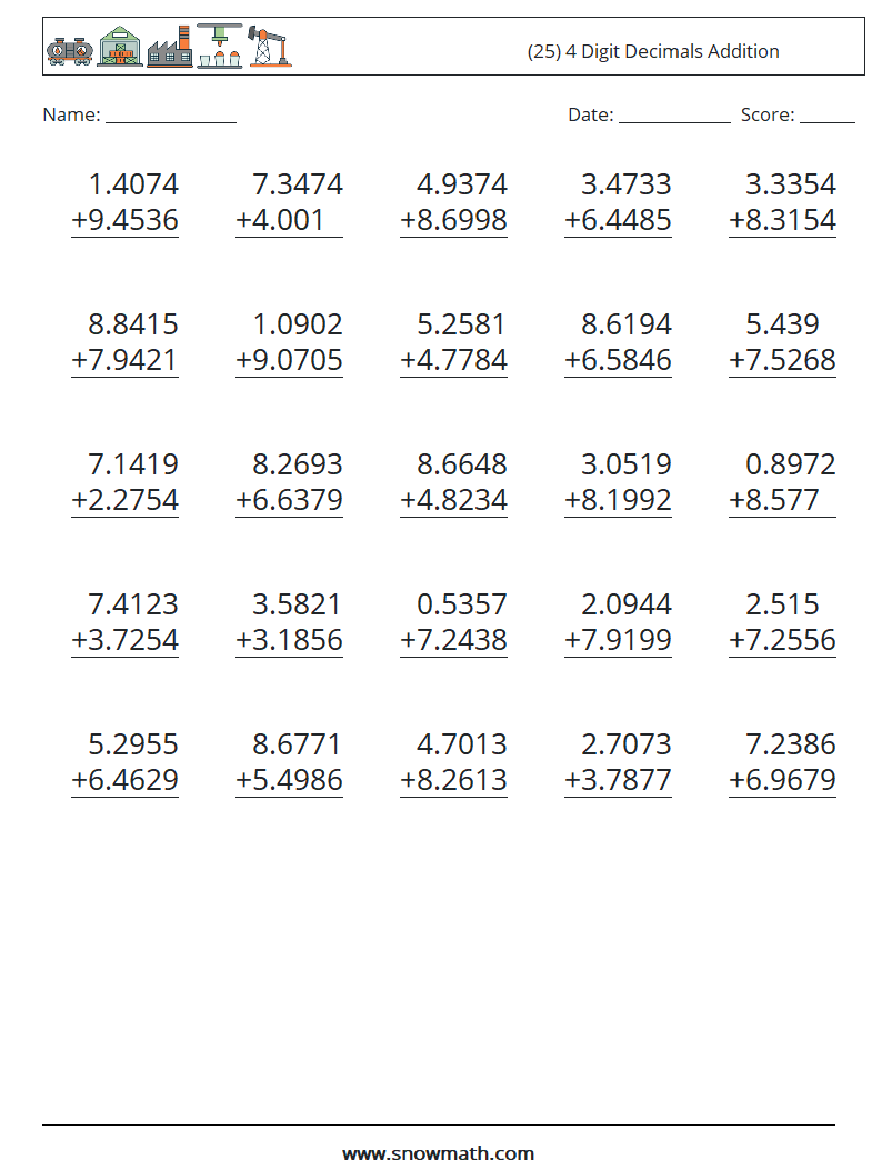 (25) 4 Digit Decimals Addition Math Worksheets 18