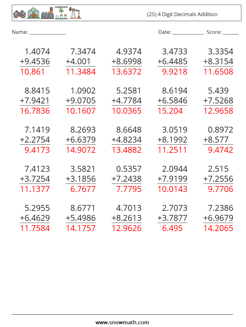 (25) 4 Digit Decimals Addition Math Worksheets 18 Question, Answer