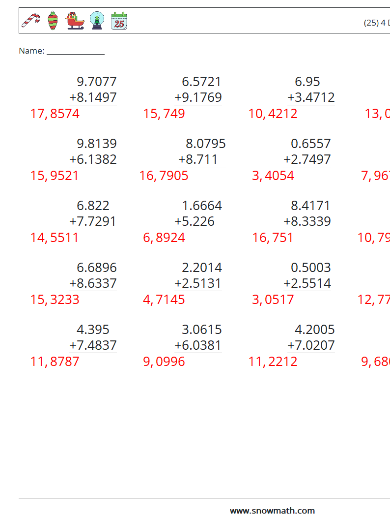 (25) 4 Digit Decimals Addition Math Worksheets 1 Question, Answer