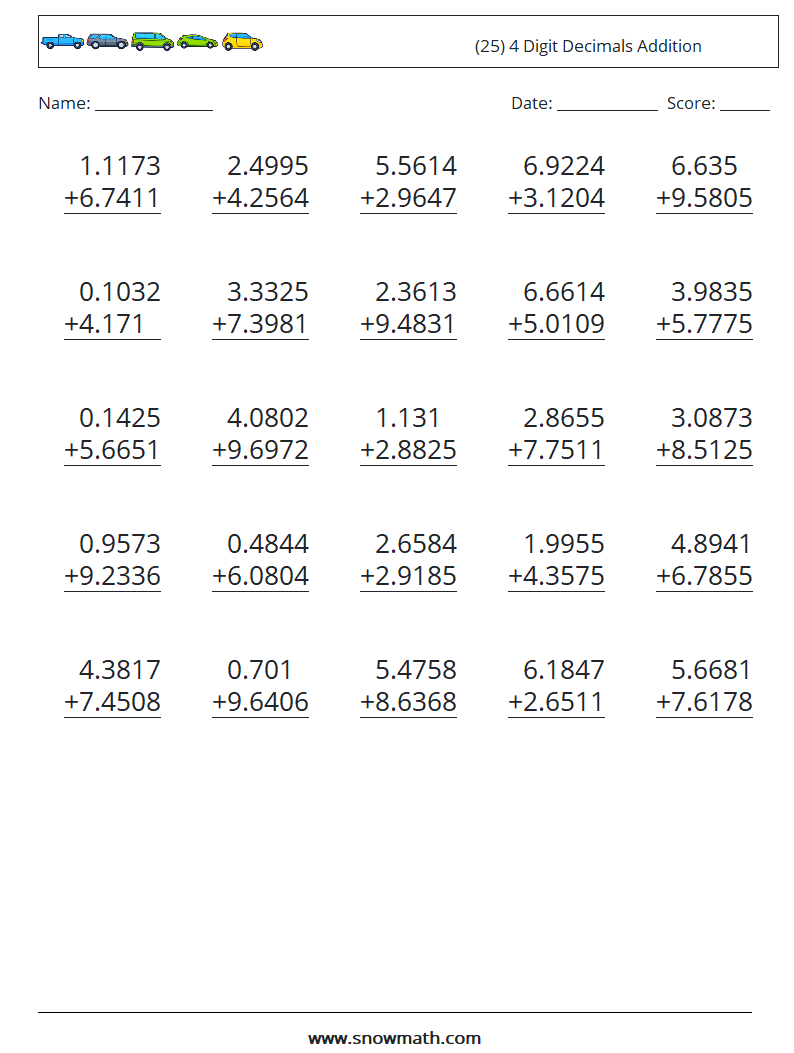 (25) 4 Digit Decimals Addition Math Worksheets 2