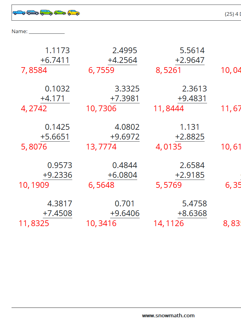 (25) 4 Digit Decimals Addition Math Worksheets 2 Question, Answer