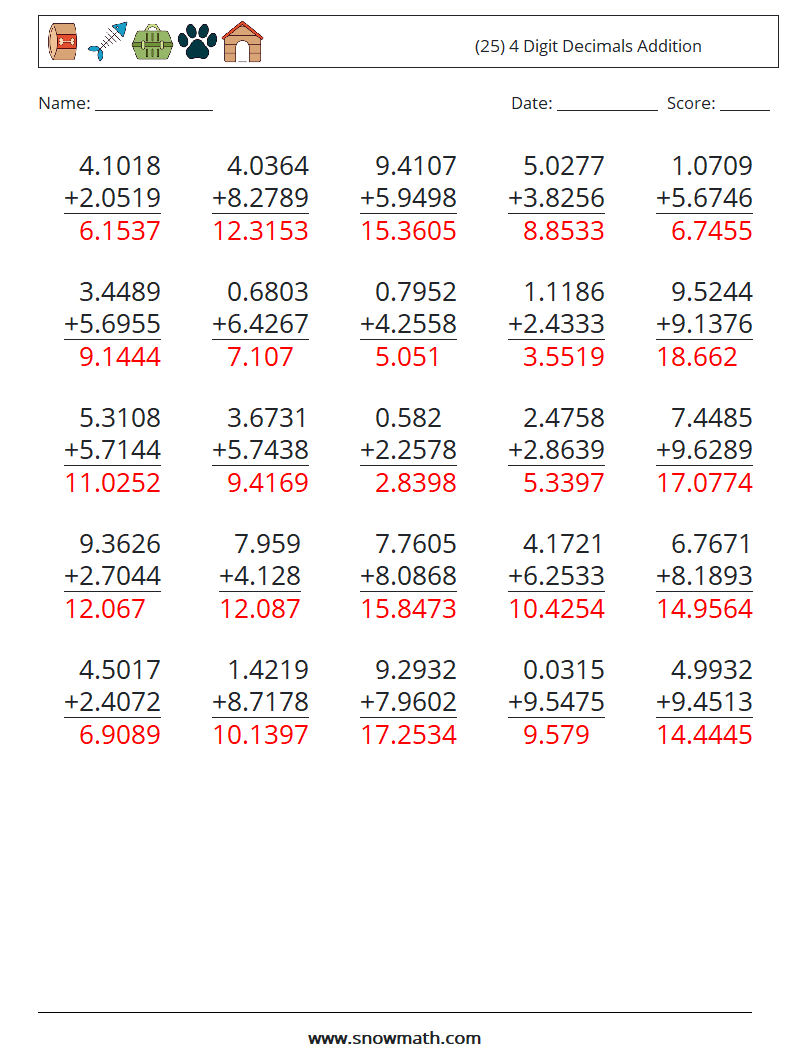 (25) 4 Digit Decimals Addition Math Worksheets 3 Question, Answer