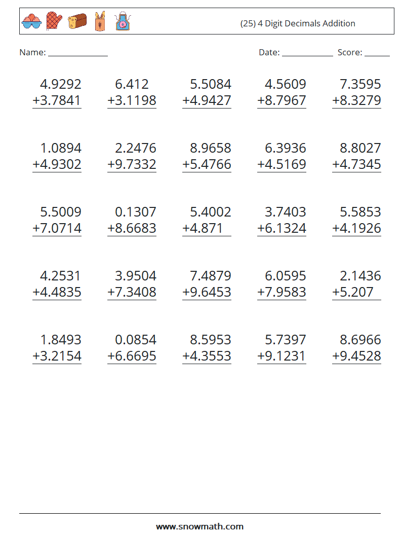(25) 4 Digit Decimals Addition Math Worksheets 4