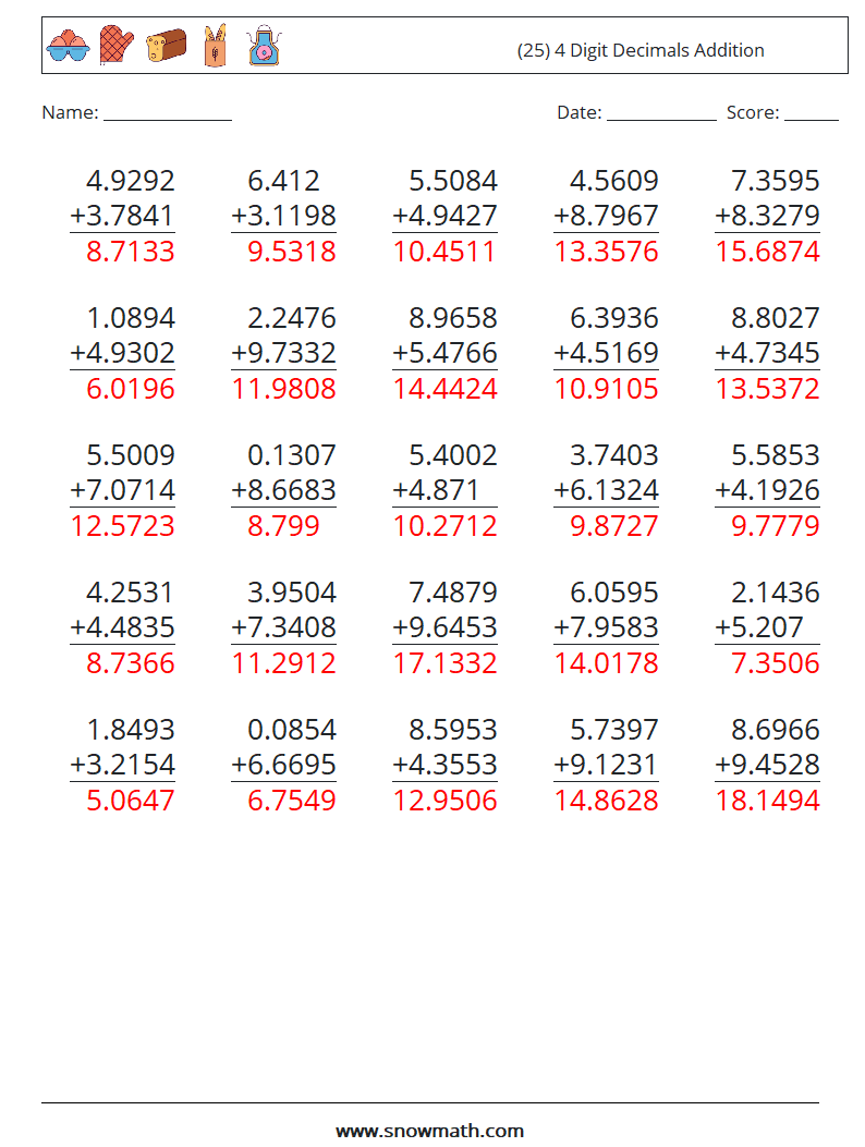 (25) 4 Digit Decimals Addition Math Worksheets 4 Question, Answer