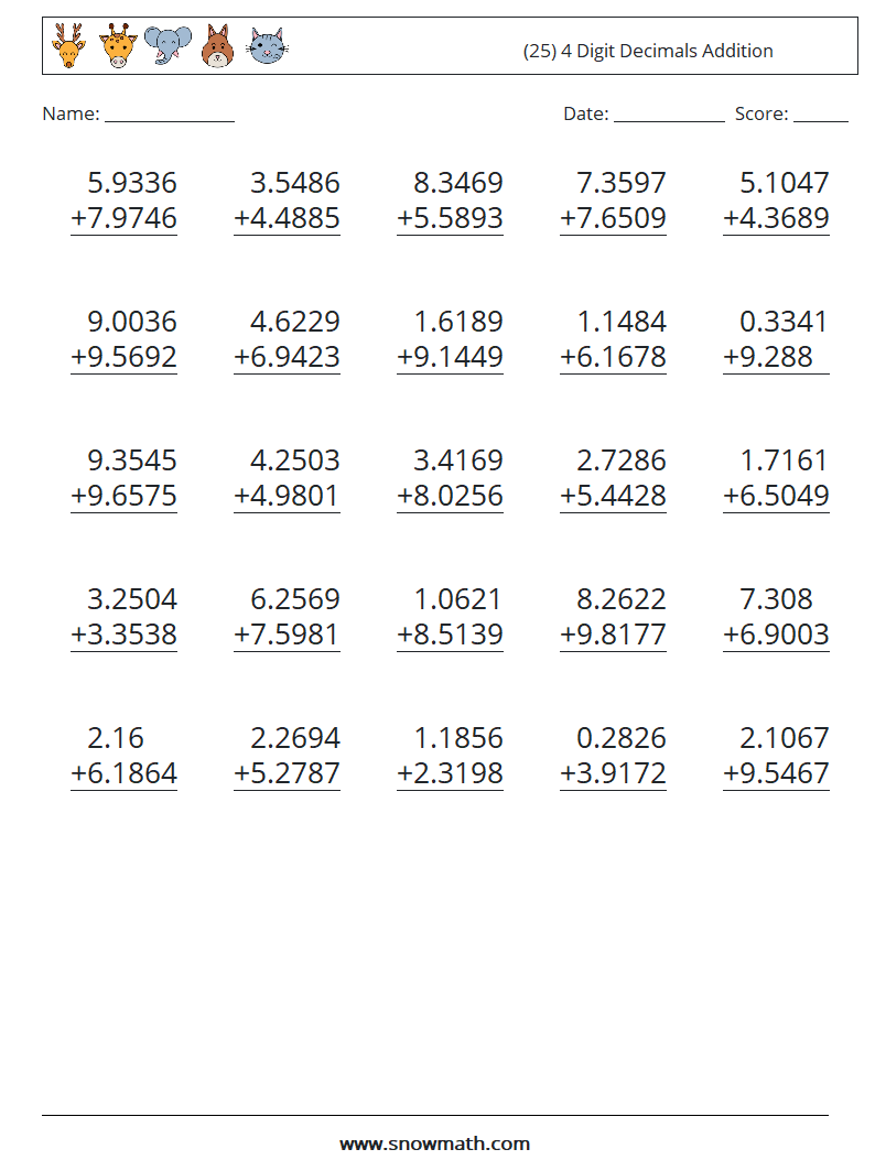 (25) 4 Digit Decimals Addition Math Worksheets 5