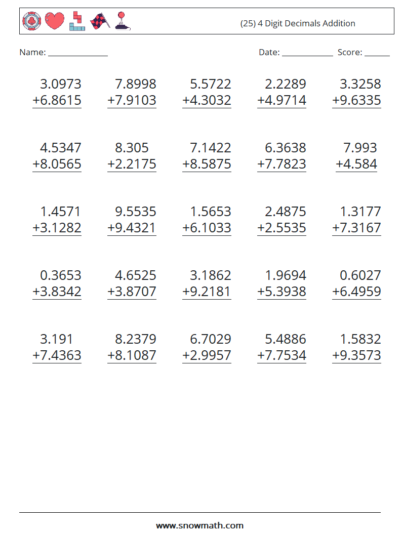 (25) 4 Digit Decimals Addition Math Worksheets 6