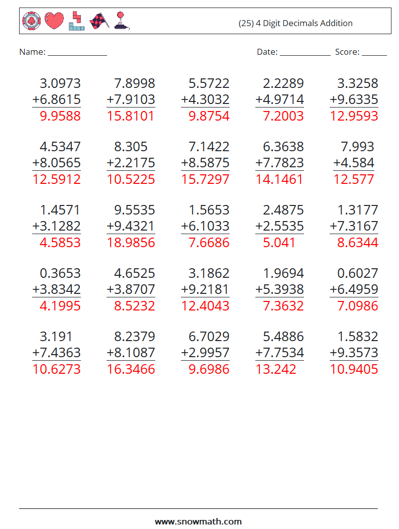 (25) 4 Digit Decimals Addition Math Worksheets 6 Question, Answer