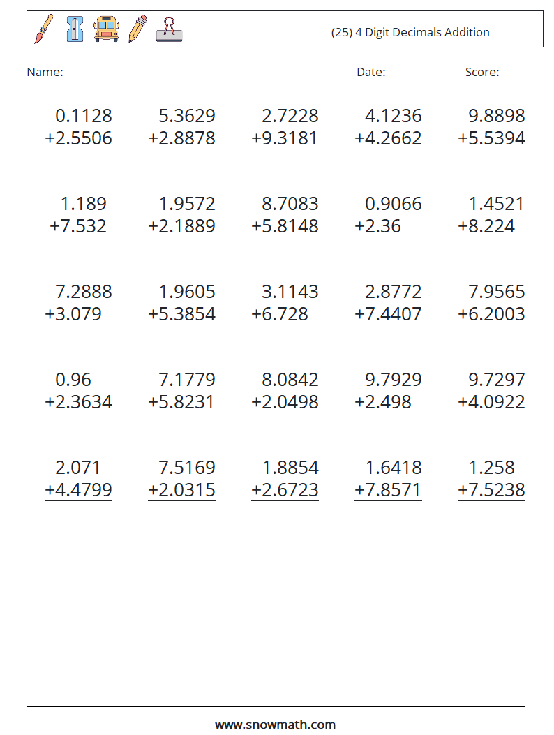 (25) 4 Digit Decimals Addition Math Worksheets 7