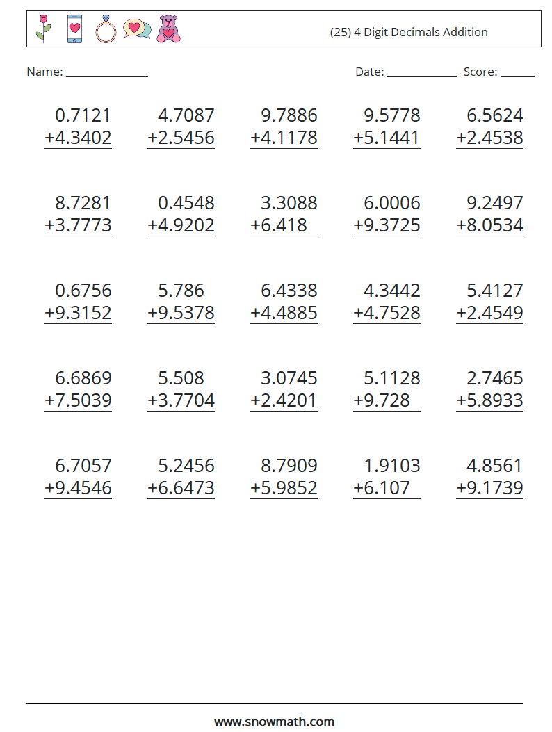 (25) 4 Digit Decimals Addition Maths Worksheets 8