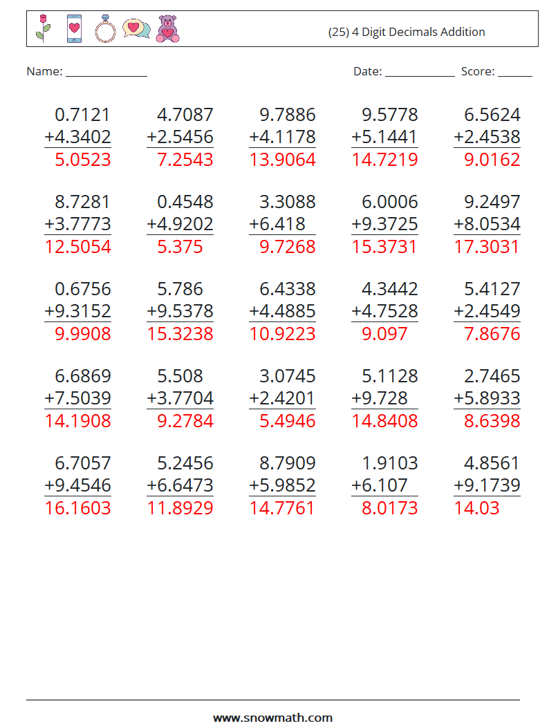 (25) 4 Digit Decimals Addition Math Worksheets 8 Question, Answer