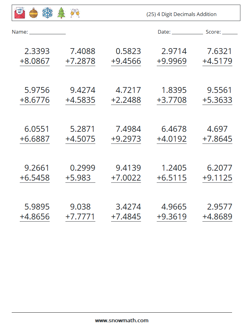 (25) 4 Digit Decimals Addition Maths Worksheets 9