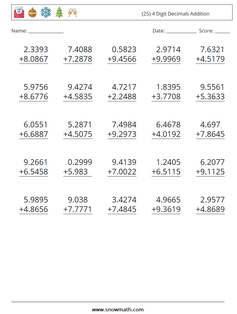 (25) 4 Digit Decimals Addition Math Worksheets 9