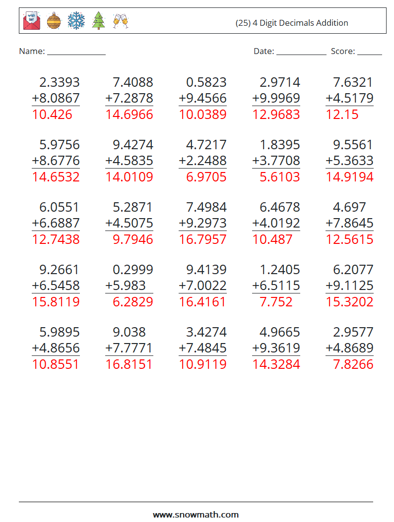 (25) 4 Digit Decimals Addition Math Worksheets 9 Question, Answer