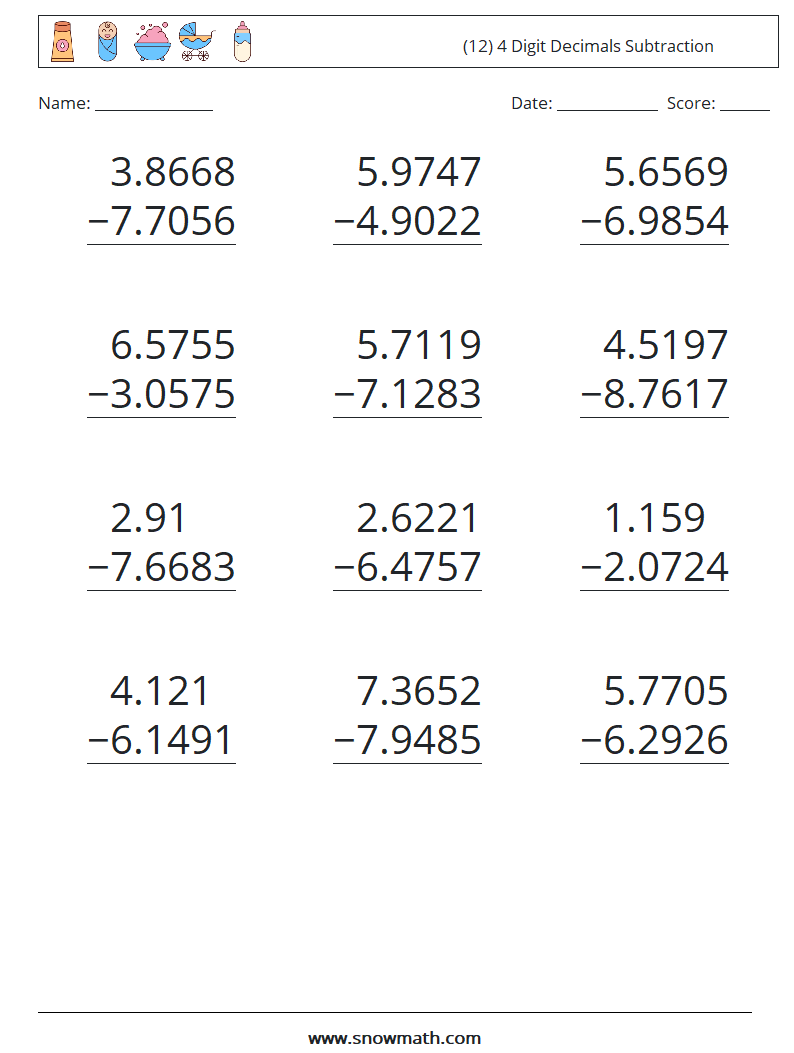 (12) 4 Digit Decimals Subtraction Math Worksheets 1