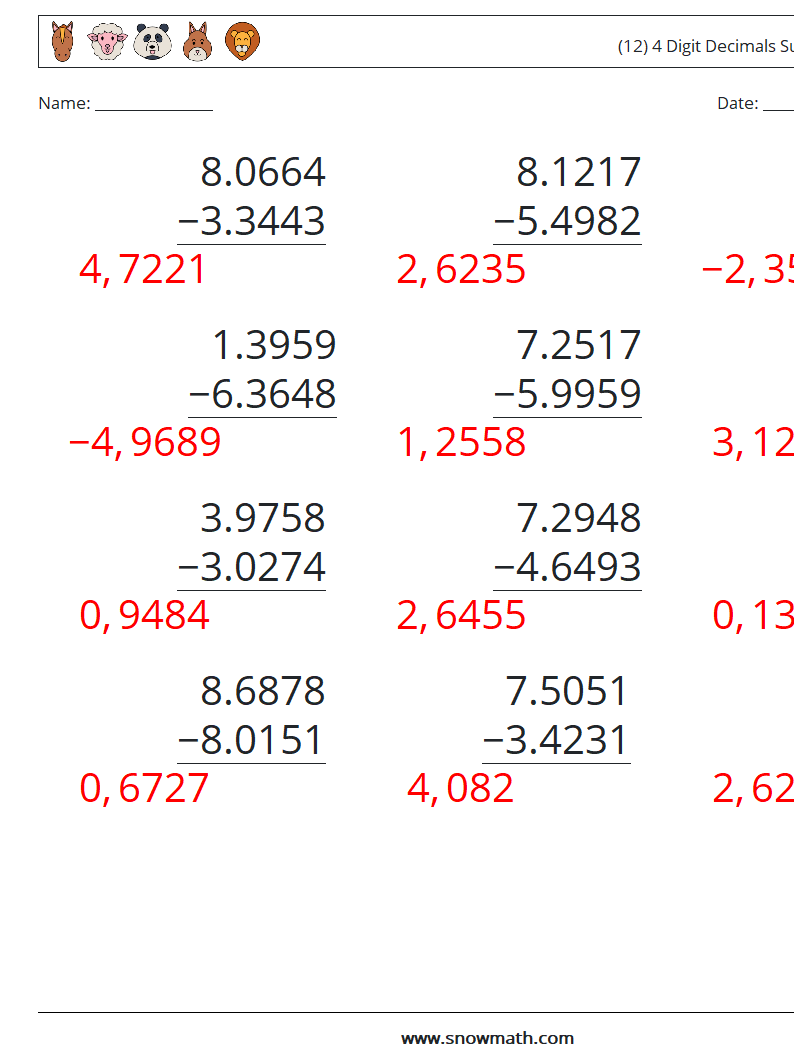 (12) 4 Digit Decimals Subtraction Math Worksheets 10 Question, Answer
