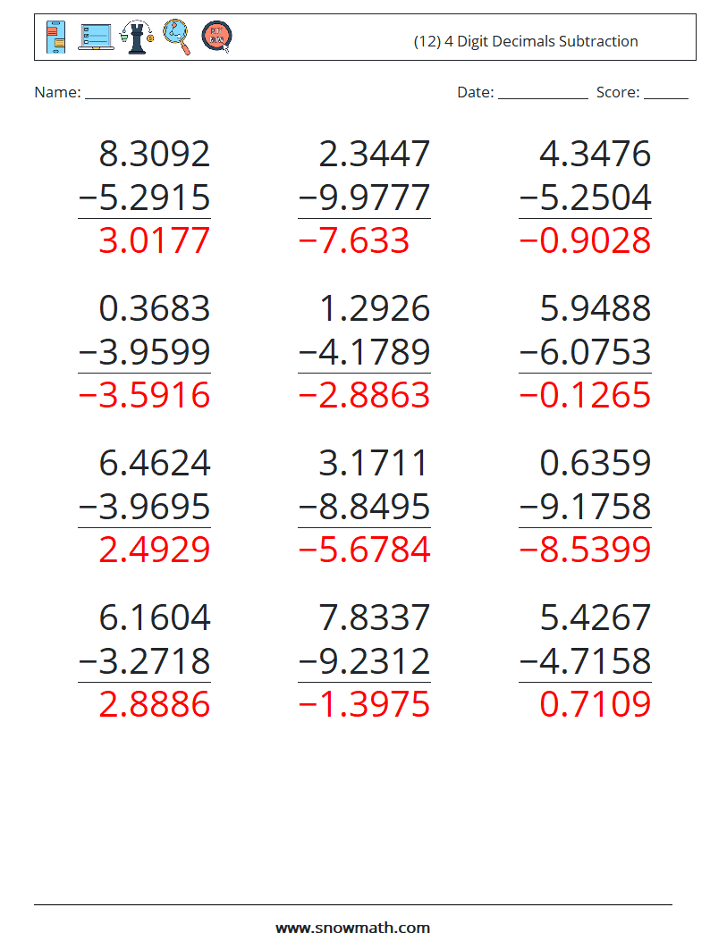 (12) 4 Digit Decimals Subtraction Math Worksheets 11 Question, Answer
