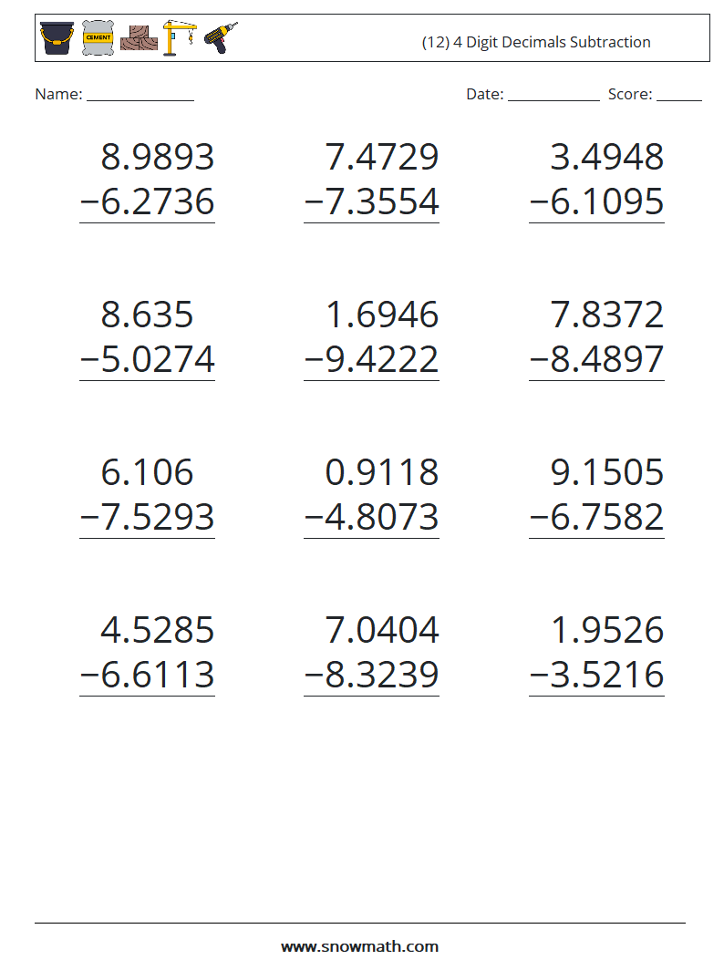 (12) 4 Digit Decimals Subtraction Maths Worksheets 12