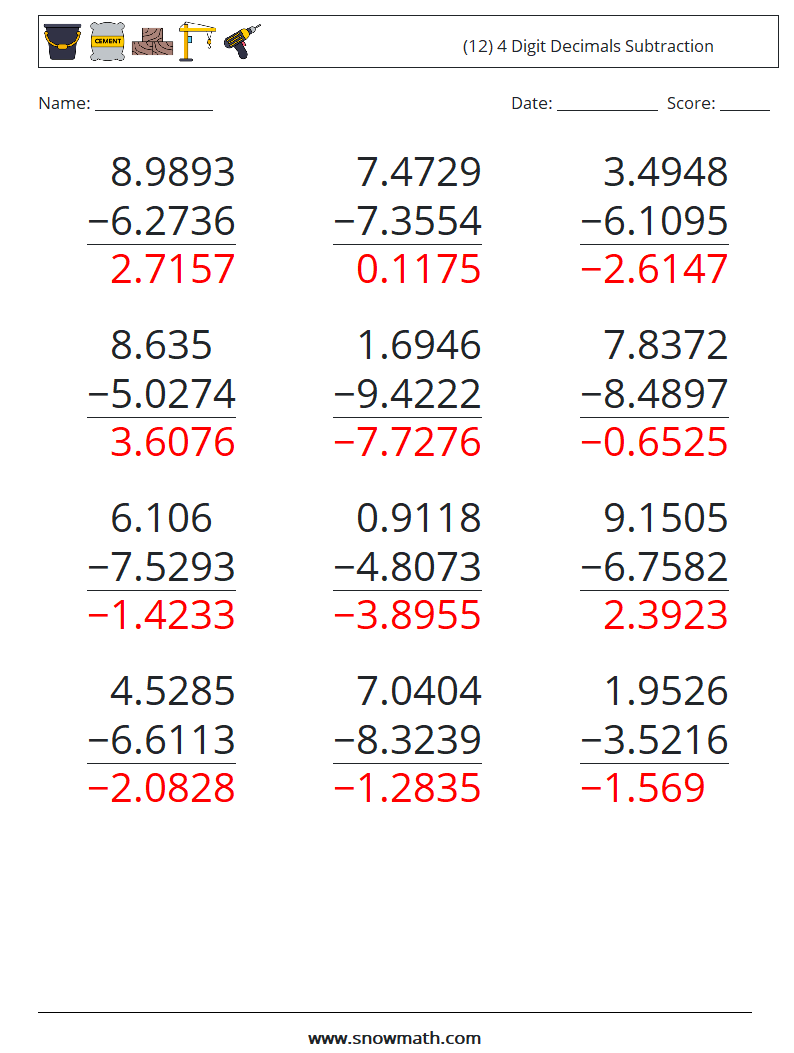 (12) 4 Digit Decimals Subtraction Math Worksheets 12 Question, Answer