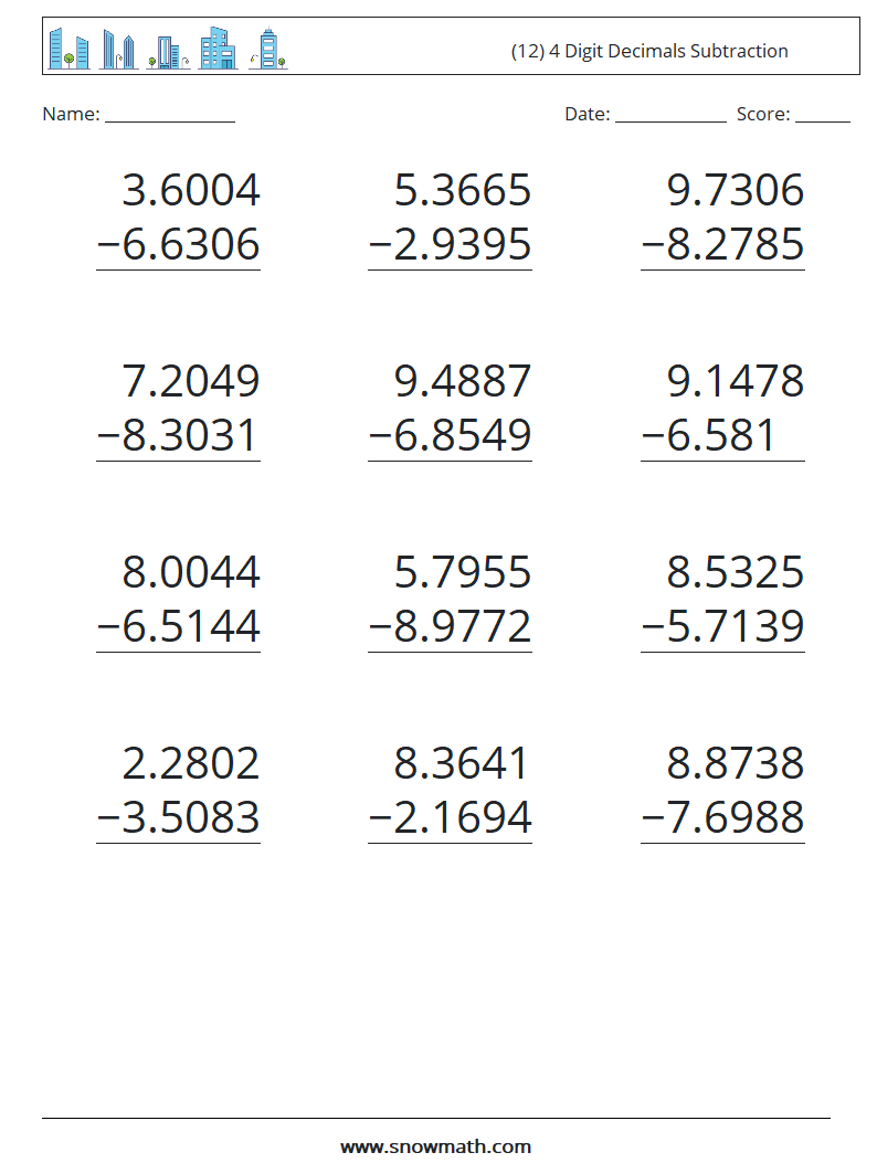 (12) 4 Digit Decimals Subtraction Maths Worksheets 13