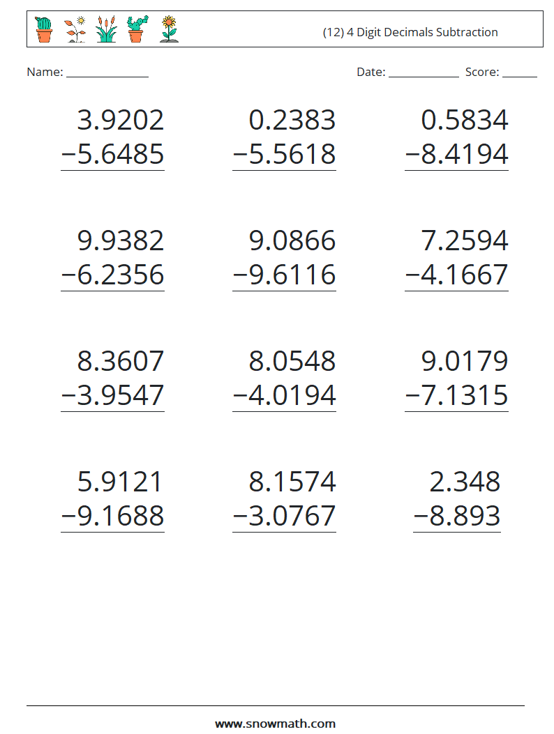 (12) 4 Digit Decimals Subtraction Maths Worksheets 14