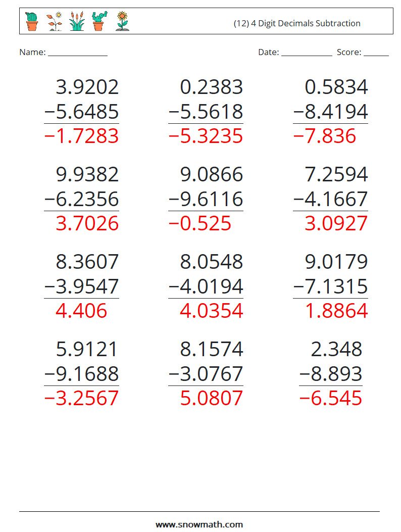 (12) 4 Digit Decimals Subtraction Math Worksheets 14 Question, Answer