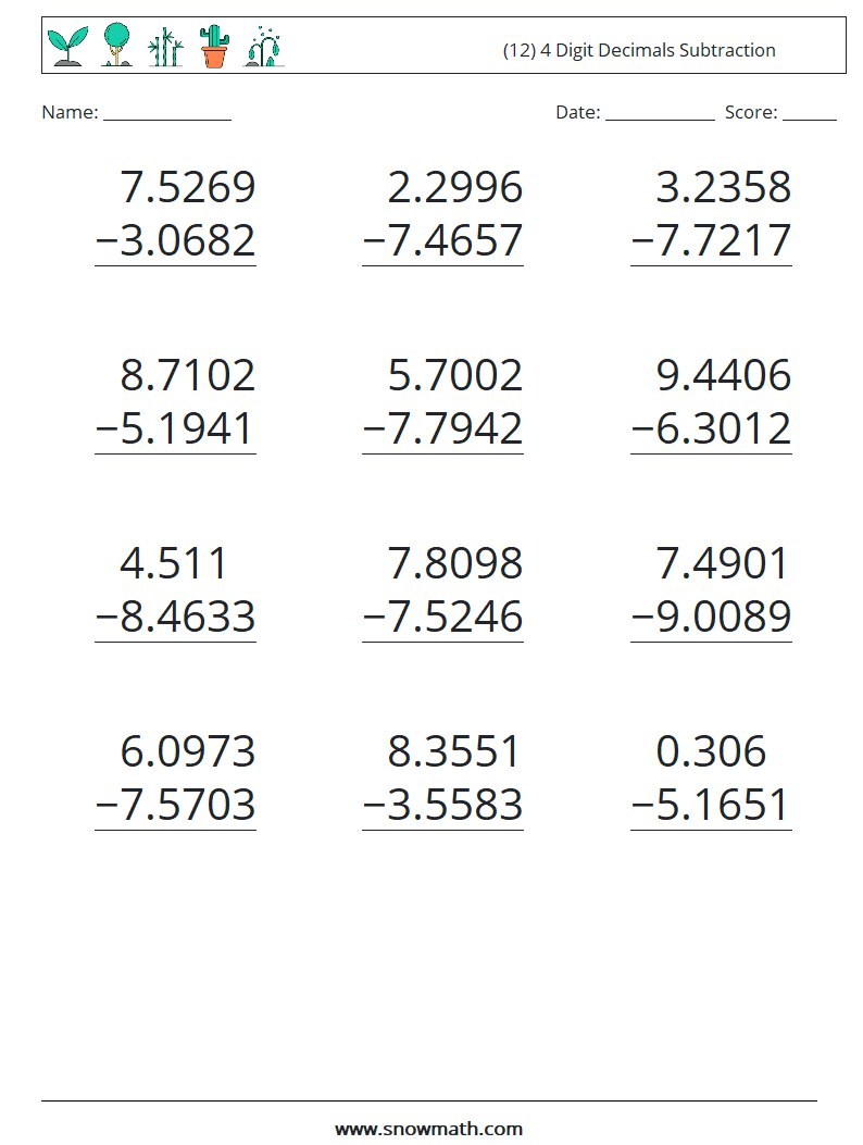 (12) 4 Digit Decimals Subtraction Math Worksheets 15