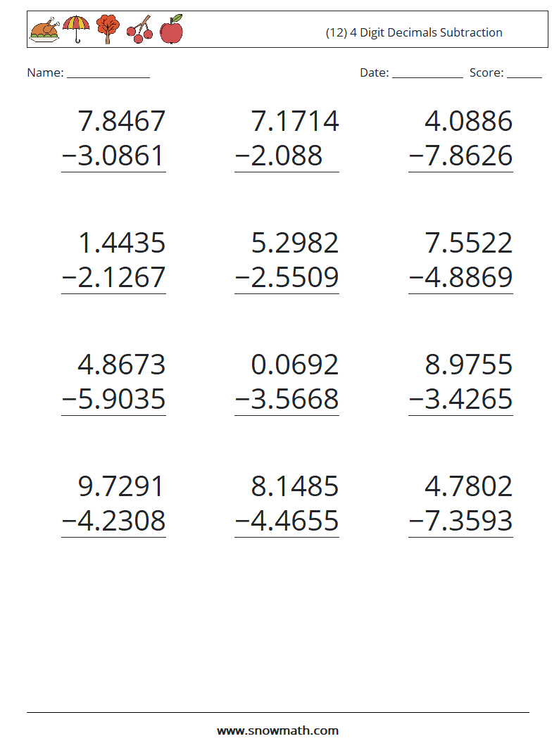 (12) 4 Digit Decimals Subtraction Maths Worksheets 16