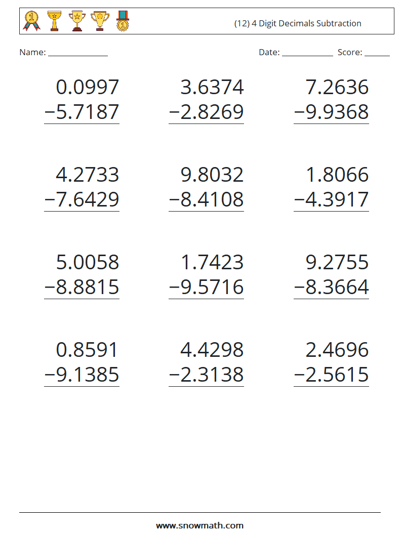 (12) 4 Digit Decimals Subtraction Maths Worksheets 18