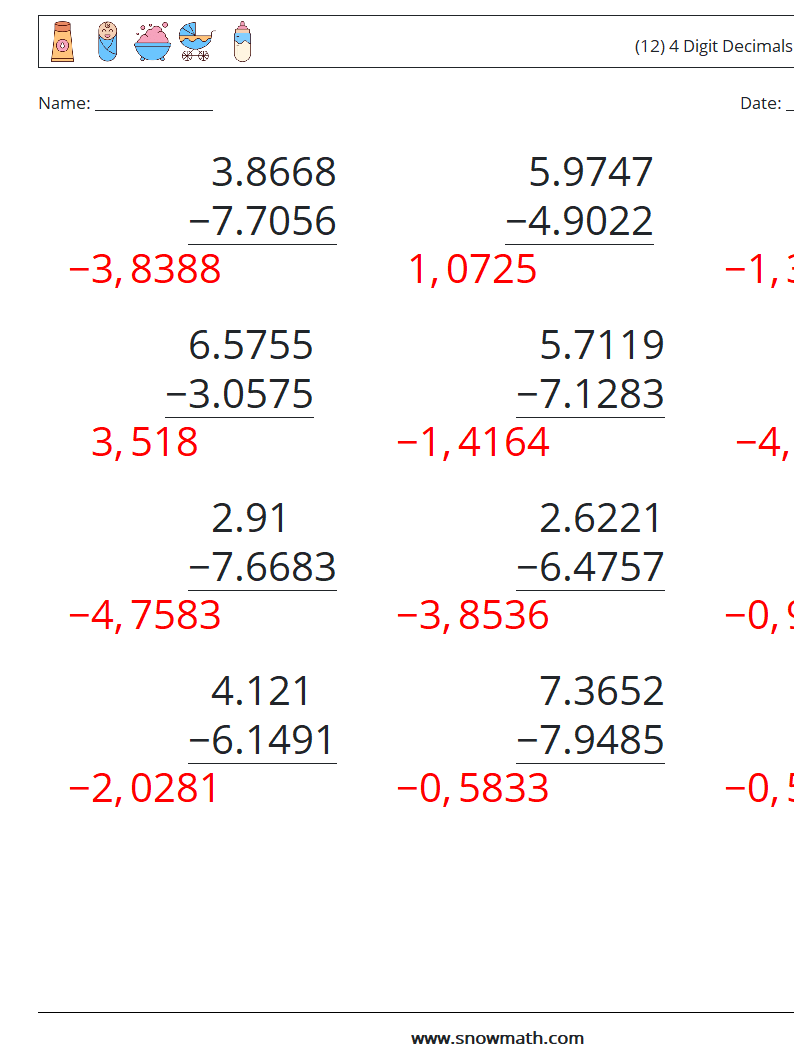 (12) 4 Digit Decimals Subtraction Math Worksheets 1 Question, Answer