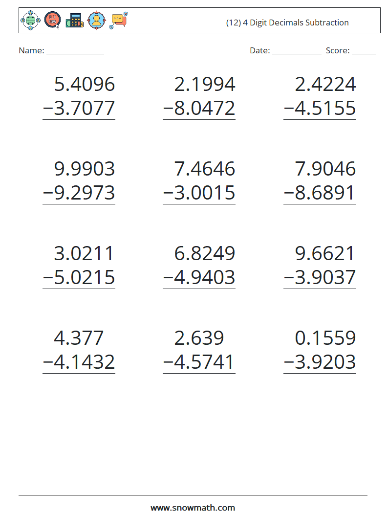 (12) 4 Digit Decimals Subtraction Math Worksheets 2