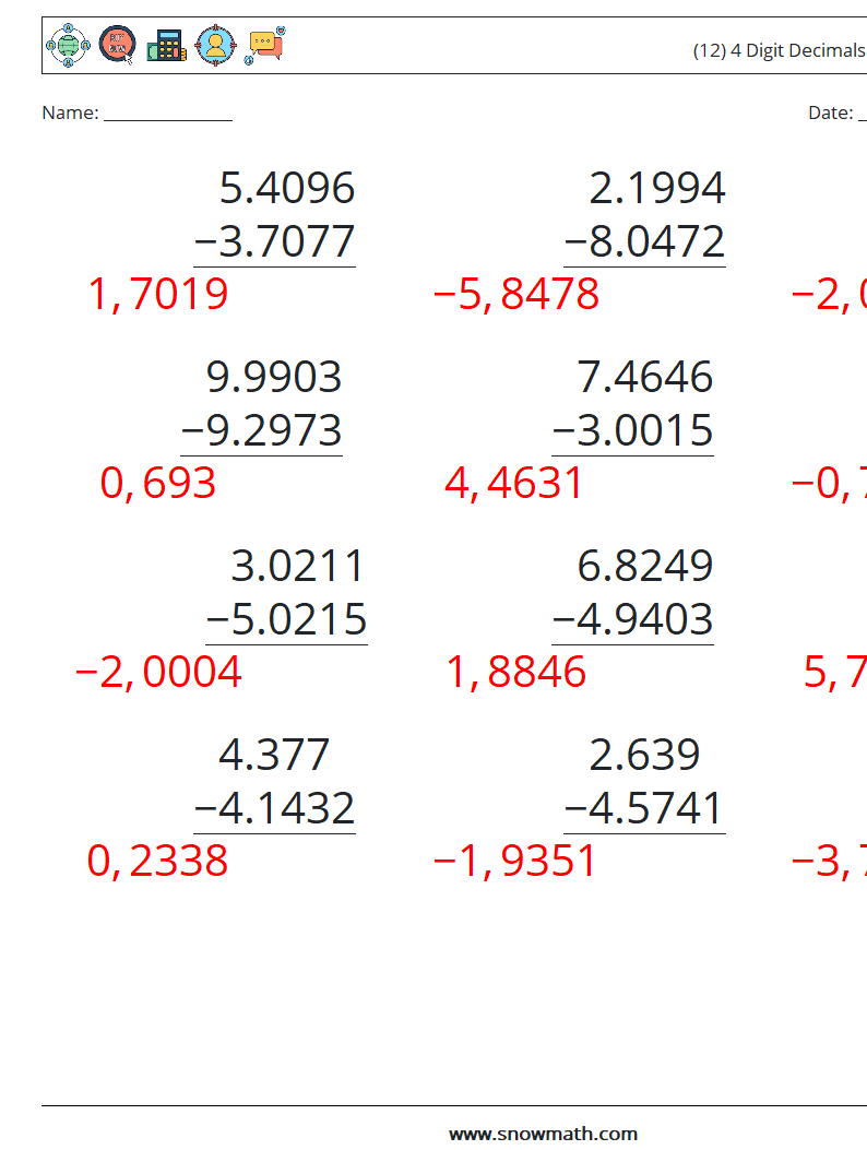 (12) 4 Digit Decimals Subtraction Math Worksheets 2 Question, Answer