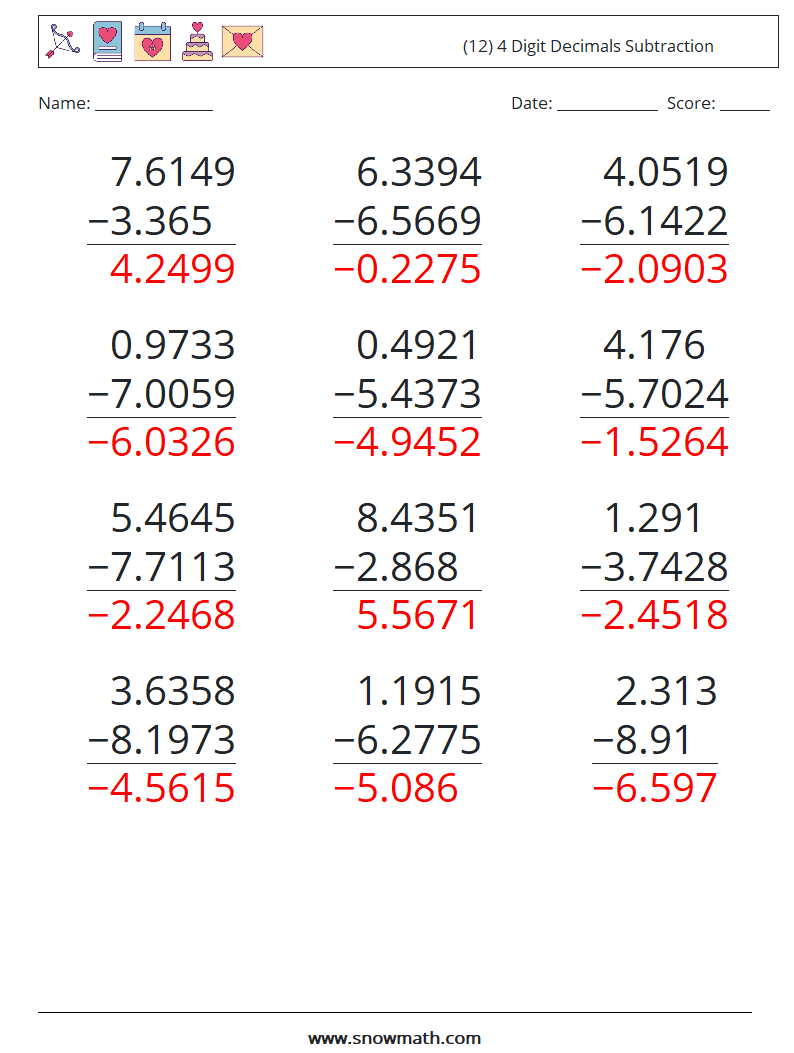 (12) 4 Digit Decimals Subtraction Math Worksheets 3 Question, Answer