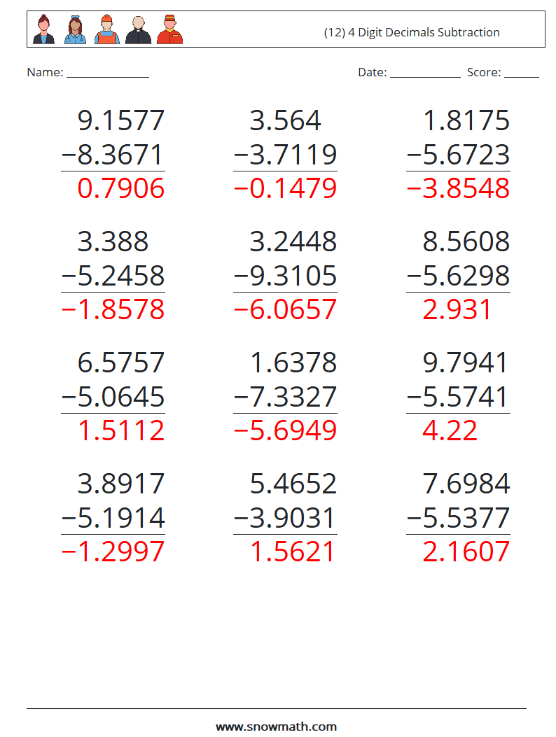 (12) 4 Digit Decimals Subtraction Math Worksheets 4 Question, Answer