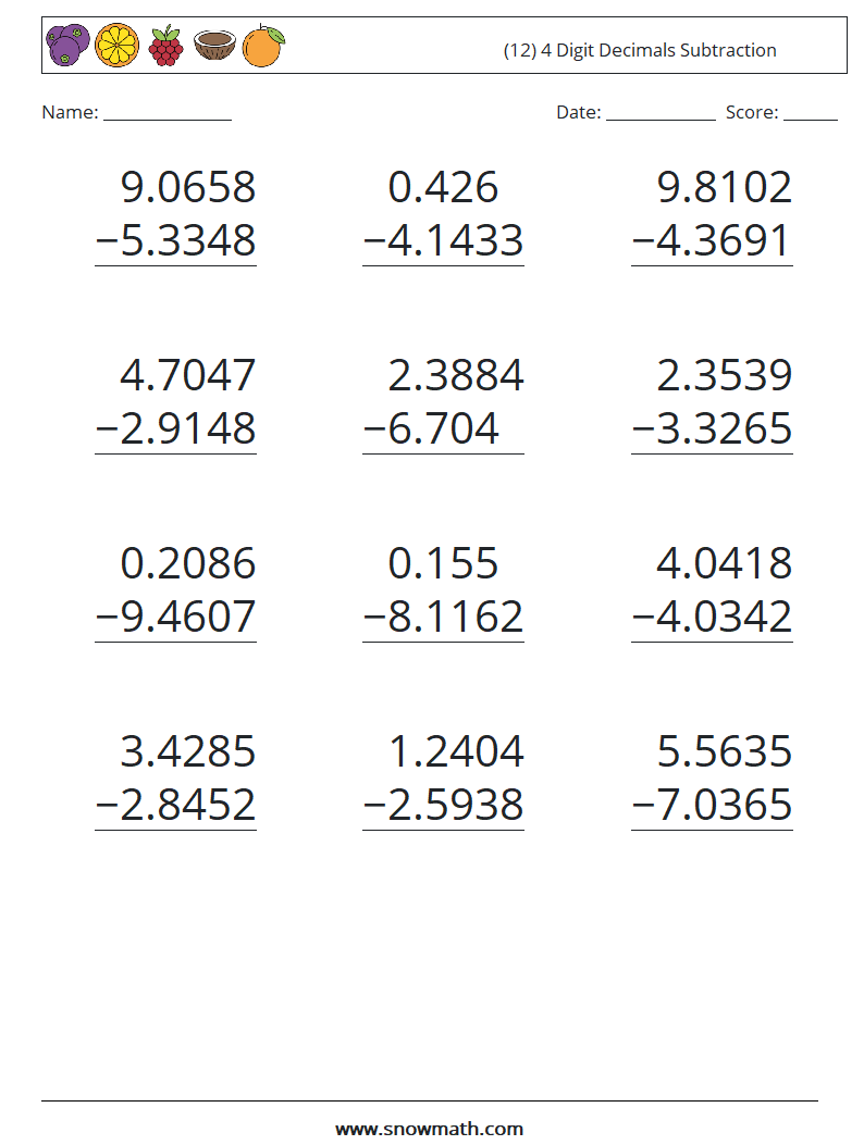 (12) 4 Digit Decimals Subtraction Math Worksheets 5