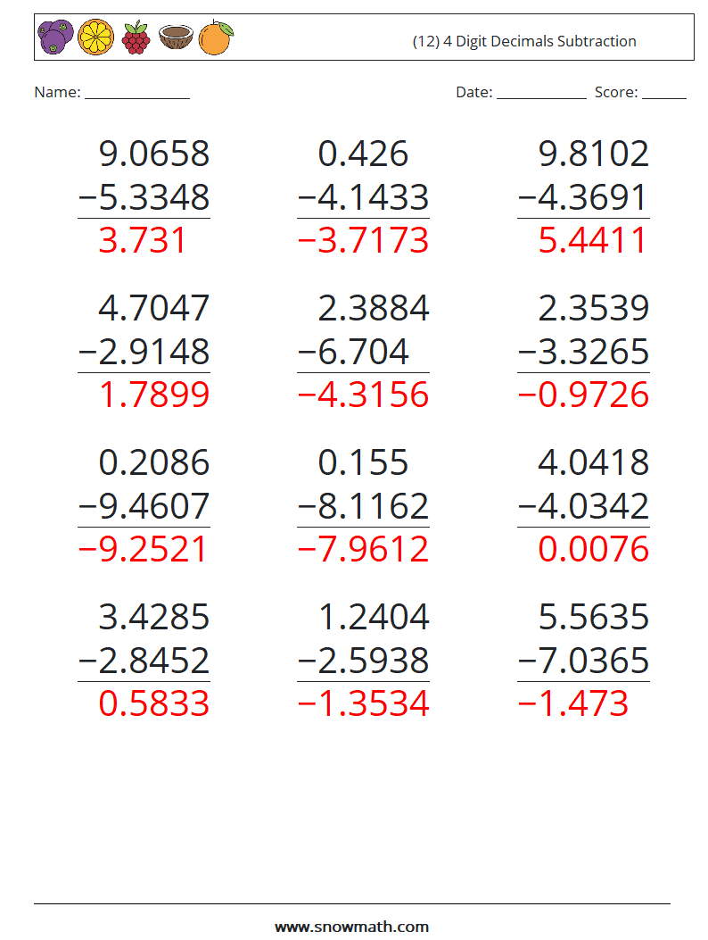 (12) 4 Digit Decimals Subtraction Math Worksheets 5 Question, Answer