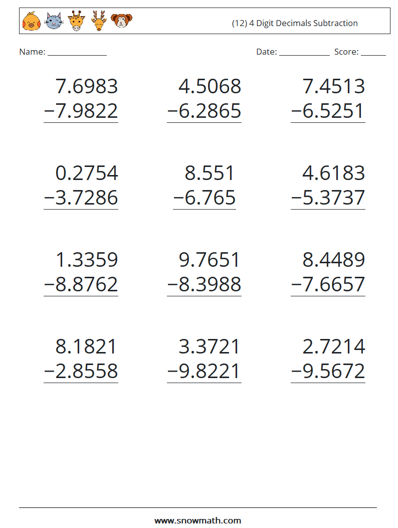 (12) 4 Digit Decimals Subtraction Math Worksheets 6