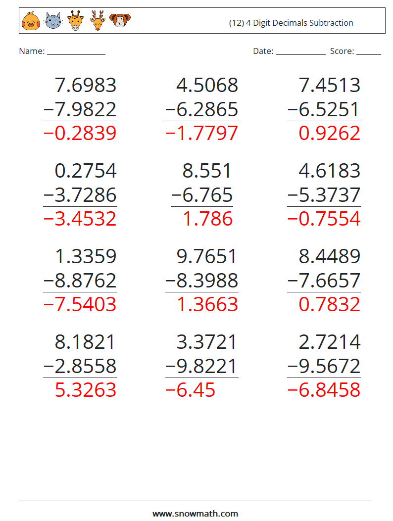 (12) 4 Digit Decimals Subtraction Math Worksheets 6 Question, Answer