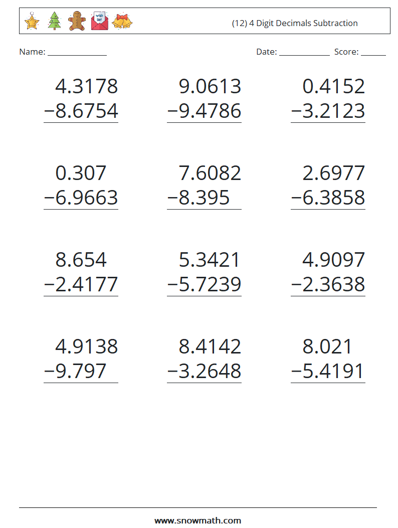 (12) 4 Digit Decimals Subtraction Maths Worksheets 7