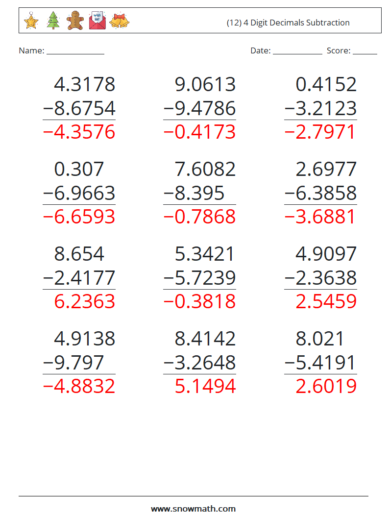 (12) 4 Digit Decimals Subtraction Math Worksheets 7 Question, Answer