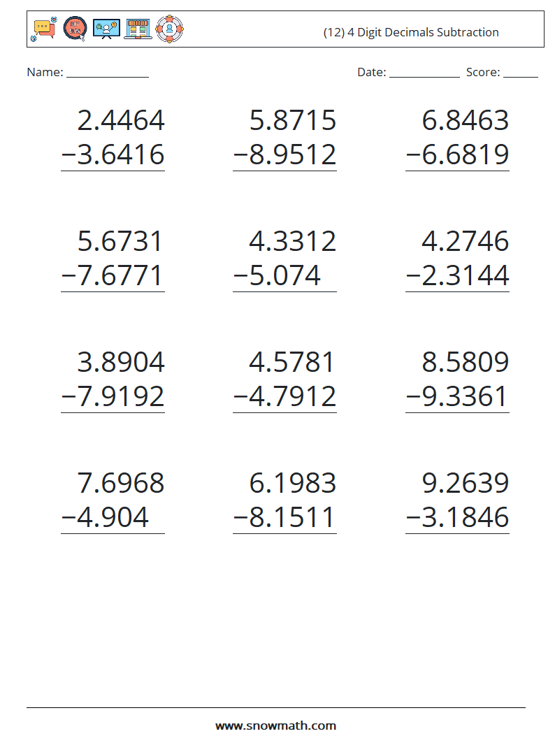 (12) 4 Digit Decimals Subtraction Math Worksheets 8